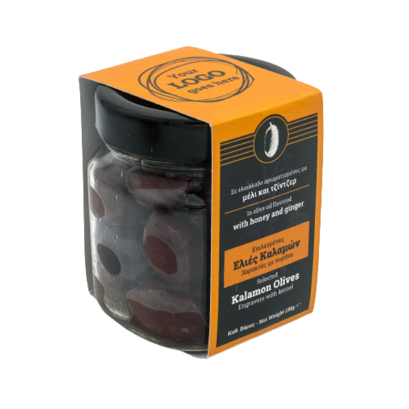 Ελιές Καλαμών Χαρακτές με πυρήνα | Αρωματισμένες με μέλι και τζίντζερ | 120g | Ετικέτα με το Λογότυπο σου