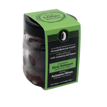 Ελιές Καλαμών Χαρακτές με πυρήνα | Αρωματισμένες με δεντρολίβανο και λεμόνι | 120g | Ετικέτα με το Λογότυπο σου