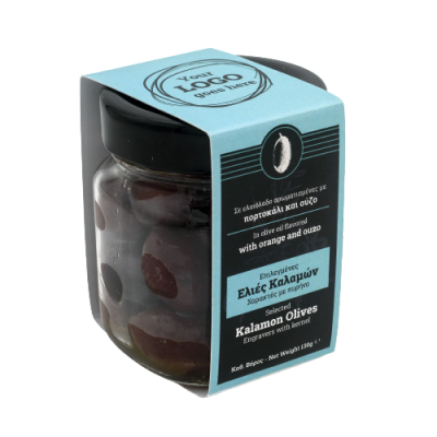 Ελιές Καλαμών Χαρακτές με πυρήνα | Αρωματισμένες με πορτοκάλι και ούζο | 120g | Ετικέτα με το Λογότυπο σου