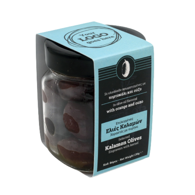 Ελιές Καλαμών Χαρακτές με πυρήνα | Αρωματισμένες με πορτοκάλι και ούζο | 120g | Ετικέτα με το Λογότυπο σου