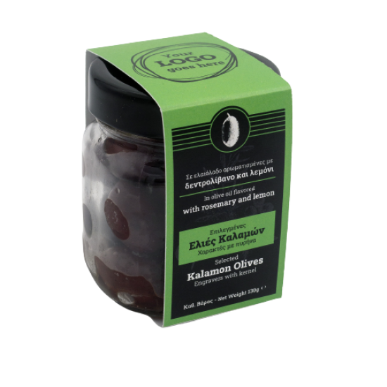 Kalamon Olives Engravers with kernel | Flavored with rosemary and lemon | 120g | Label with your Logo 